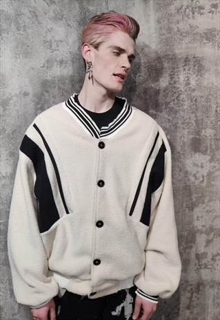 FLEECE VARSITY JACKET THIN AMERICAN BASEBALL BOMBER IN CREAM