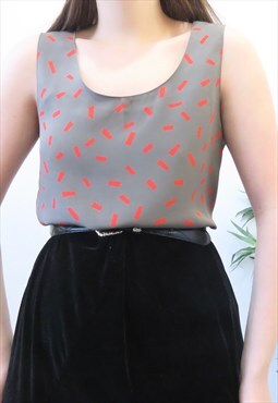 80s Vintage Grey & Red Sleeveless Vest Top Blouse