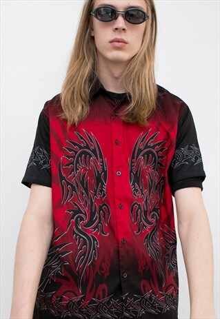 VINTAGE TRIBAL DRAGON SHIRT RED BLACK FIRE PRINT FESTIVAL