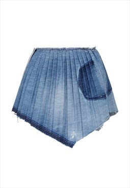 Raw pleated wrap skirt in denim