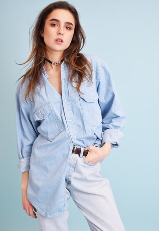 90'S RETRO STONEWASH BOYFRIENDS DENIM OVERSIZED SHIRT