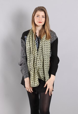 VINTAGE 80S SILK CHECK PATTERNED NECK SCARF