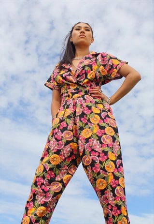 EMMA TUTTI FRUITY PRINT V NECK COTTON JUMPSUIT