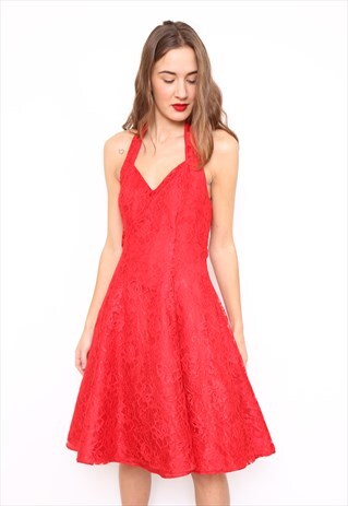 VINTAGE 80S RED LACE HALTER-NECK PARTY DRESS