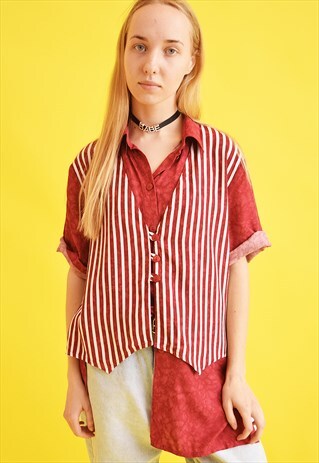 90'S RETRO STRIPED OVERSIZED SHIRT GILET STYLE BLOUSE TOP