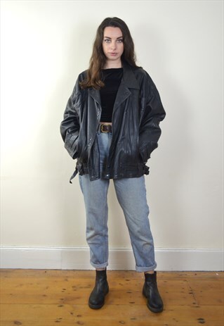 80S VINTAGE BLACK LEATHER BIKER JACKET
