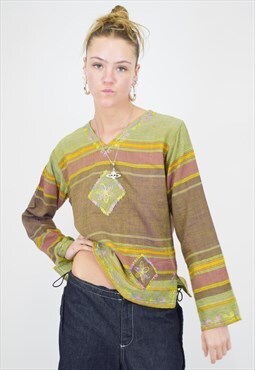 Vintage 90s Top Handmade Boho Linen Embroidered 