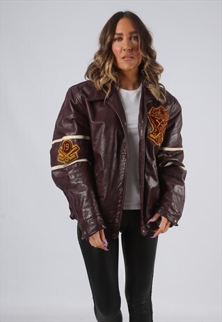 RARE LEATHER JACKET BOMBER OVERSIZED VARSITY UK 14 16 (9K7E)