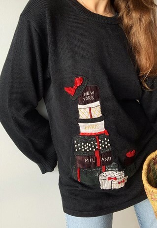 VINTAGE 80S CHRISTMAS GIFTS BEADED KNIT JUMPER SWEATER