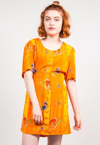 90'S VINTAGE ORANGE CUTE FLOWER PATTERN MINI DRESS