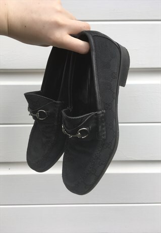 WOMENS VINTAGE GUCCI SHOES MONOGRAM PRINT LOAFERS IN BLACK