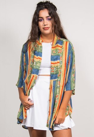 VINTAGE 90'S MULTICOLOUR PATTERN COLLARLESS SHIRT BLOUSE