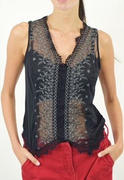 Vintage Y2K Lace Vest Top with Floral Embroidery 