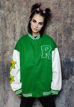 Pentagram patch varsity jacket college baseball bomber green
