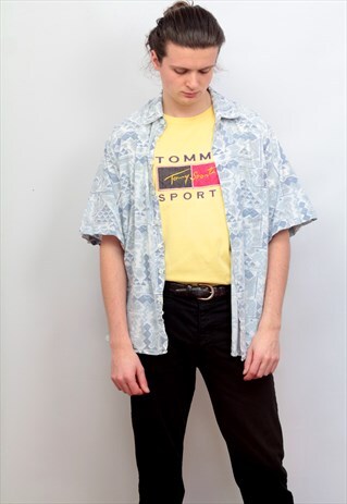 1990'S VINTAGE AZTEC ABSTRACT PRINT SHIRT IN BLUE