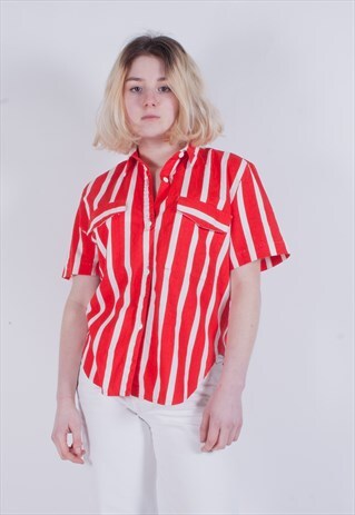 VINTAGE RED STRIPE TWO POCKET BOXY BLOUSE