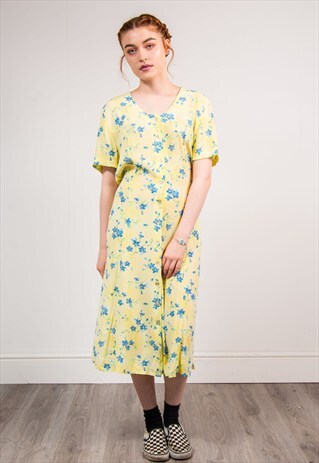 90'S VINTAGE YELLOW FLOWER PATTERN CUTE MIDI DRESS