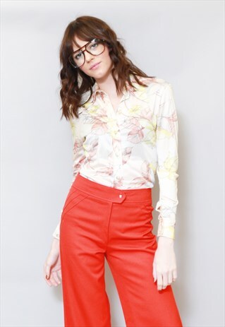 VINTAGE 1970'S CREAM FLORAL PRINT DAGGER COLLAR SHIRT