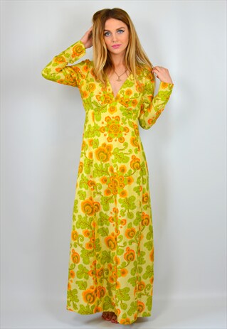 VINTAGE 70S YELLOW FLORAL HIPPY FESTIVAL MAXI DRESS