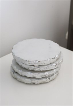Coasters Set Of 2 White Marble Silver Leaf Painted Edge