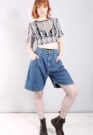 VINTAGE 80S BLUE DENIM HIGH WAISTED PLEAT FRONT SHORTS