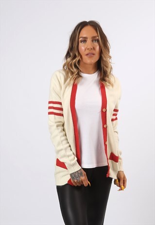 WOOL CARDIGAN VARSITY STRIPED LONG VINTAGE UK 8 (7CA)