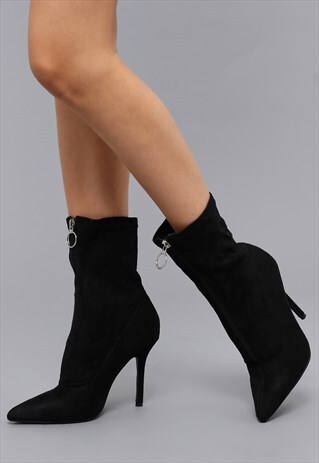 LUGA FRONT ZIP CURVED STILETTO HEEL BLACK SOCK BOOT