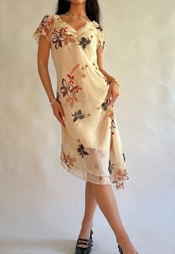 00s Cream Floral Mesh Flowy Asymmetrical Hem Midi Dress