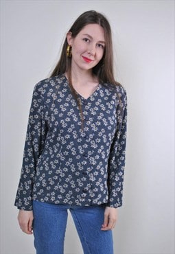 Women grey flowers print long sleeve casual blouse 