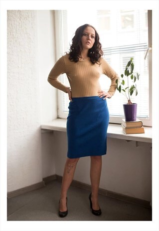 VINTAGE 90'S BLUE RIBBED WOOL SKIRT