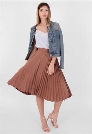 FAUX SUEDE PLEATED MIDI SKIRT IN TAN