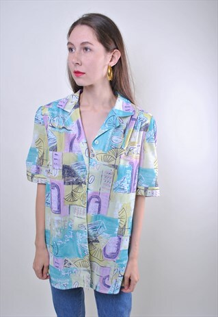 80S MULTICOLOR ABSTRACT PRINT OVERSIZE RETRO BLOUSE, SIZE L