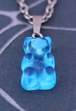 CRW Silver Blue Resin Gummy Bear Necklace 