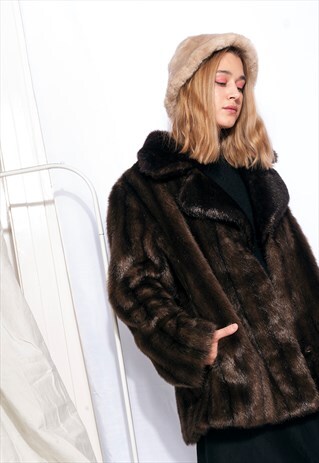 FAUX FUR COAT 90S VINTAGE GRUNGE WINTER COAT IN BROWN