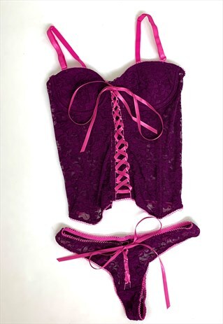 VINTAGE LACE LACE UP RIBBON HOOK EYE CORSET TOP SET THONG