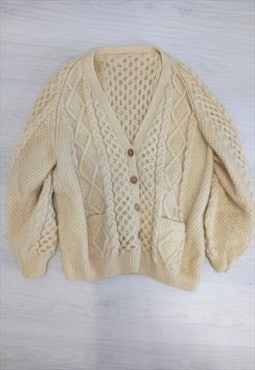 Chunky Cable Knit V-Neck Cardigan Cream