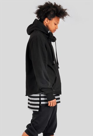 OPEN HEM CROSS NECK HOODIE BLACK
