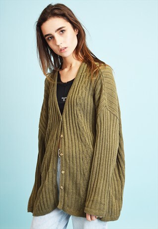 90'S RETRO GRUNGE KNITTED KHAKI OVERSIZED DADS CARDIGAN