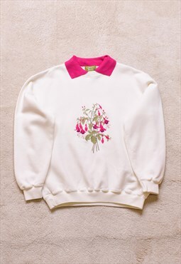 Women's Vintage 90s Cream Pink Floral Embroidered Sweater
