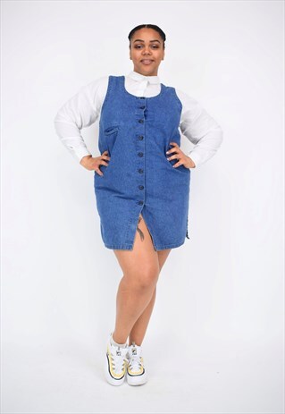 VINTAGE 90'S DENIM PINAFORE DRESS WITH BUTTONS & POCKET