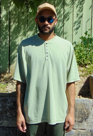 90S OVERSIZE MINIMALIST CLASSIC CELERY GREEN HENLEY SHIRT XL