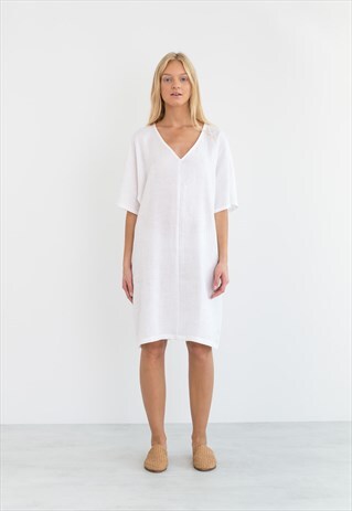 PEONY LINEN DRESS / WHITE SUMMER MIDI DRESS / TUNIC