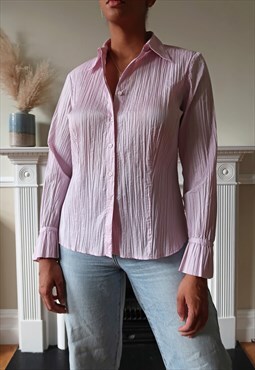 Vintage 90's textured crinkle plisse pink blouse in pink.