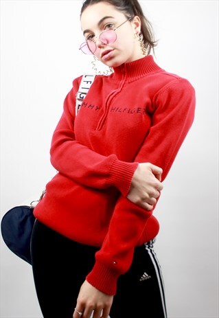 90'S RED 1/4 ZIP SPELL-OUT SWEATSHIRT