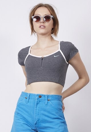 VINTAGE 90'S NIKE BLUE SWOOSH GREY CROP SPORTS TOP
