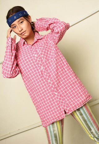 80'S RETRO PINK CHECKED OVERSIZED SHIRT TOP