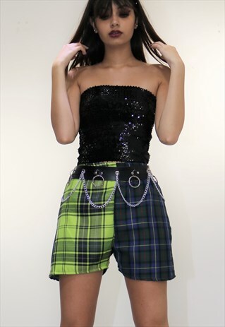 HIGH WAIST TARTAN CHECK SHORT IN GREEN AND BLUE