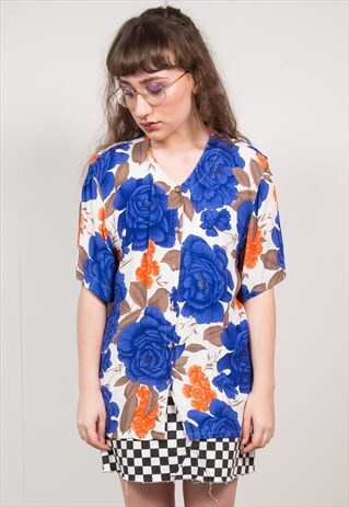 VINTAGE ROSE FLORAL PRINT COLLARLESS BLOUSE SHIRT