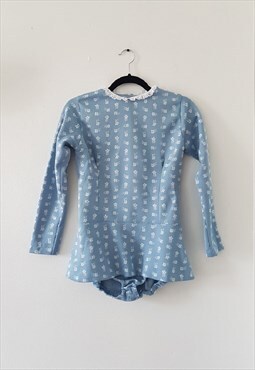 70s Vintage Baby Blue Floral Bodysuit, Size S 28