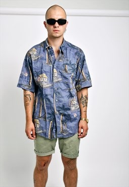 Hawaiian vintage palm printed shirt mens 90s beach button up